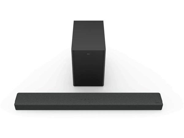 TCL C935U компоновка системы — сабвуфер сзади, звуковая панель впереди, вид сверху