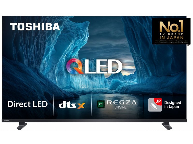 Toshiba 43V37SE QLED телевизор на подставке с включённым экраном, логотипы Direct LED, DTS, REGZA Engine