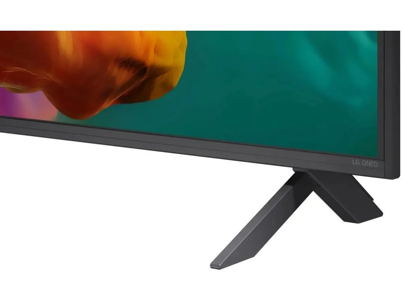 LG 75QNED85B6C нижняя часть с логотипом LG QNED, конструкция X-образной подставки 75 дюймов
