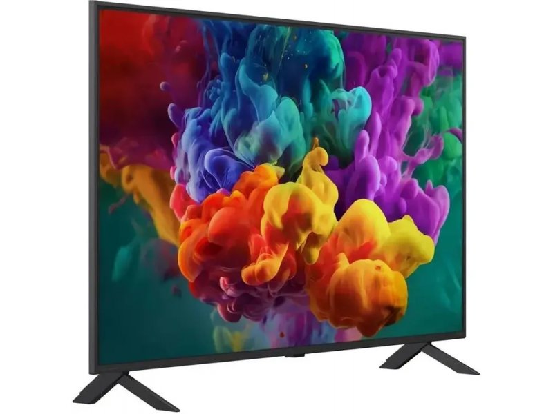 LG 86QNED85B6C вид спереди под углом — угловатая подставка, тонкий корпус