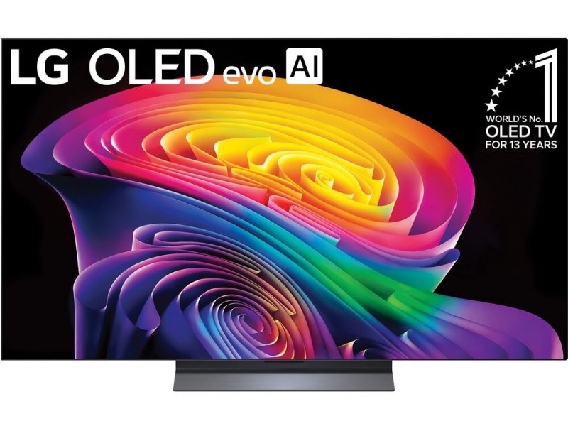 LG OLED55C6RLA вид спереди на подставке — OLED evo панель с ярким тестовым изображением