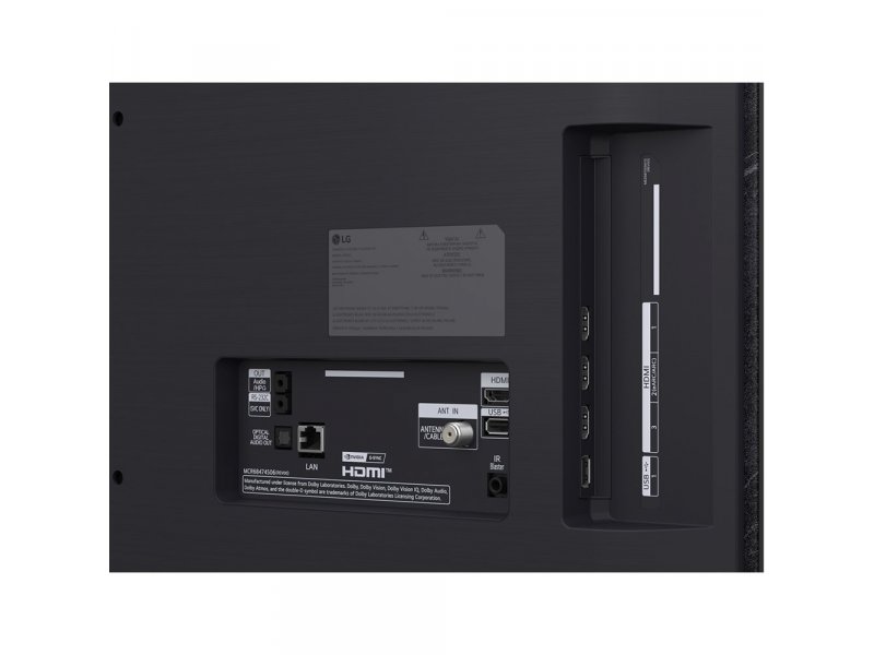 LG OLED55C6RLA крупный план разъёмов — детали портов HDMI 2.1, LAN, характеристики на табличке