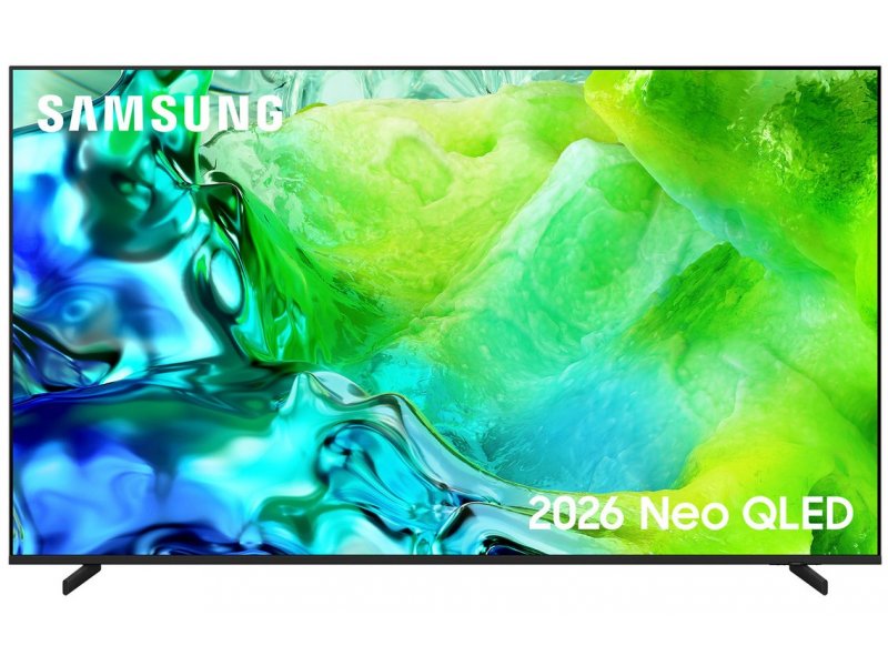 Samsung QE75QN80H 75 дюймов &mdash; экран с включённым Neo QLED контентом на подставке