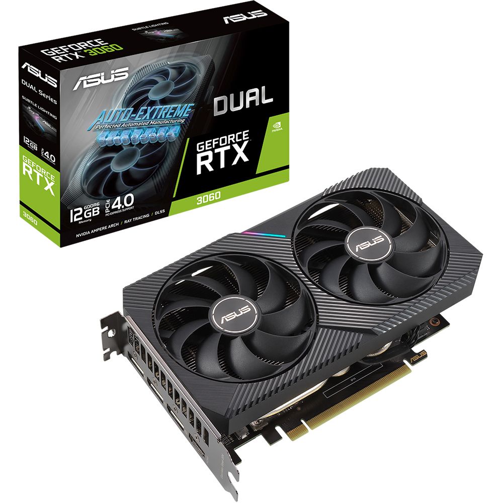 ASUS GeForce RTX 3060 упаковка и вид спереди с двумя вентиляторами и радиатором
