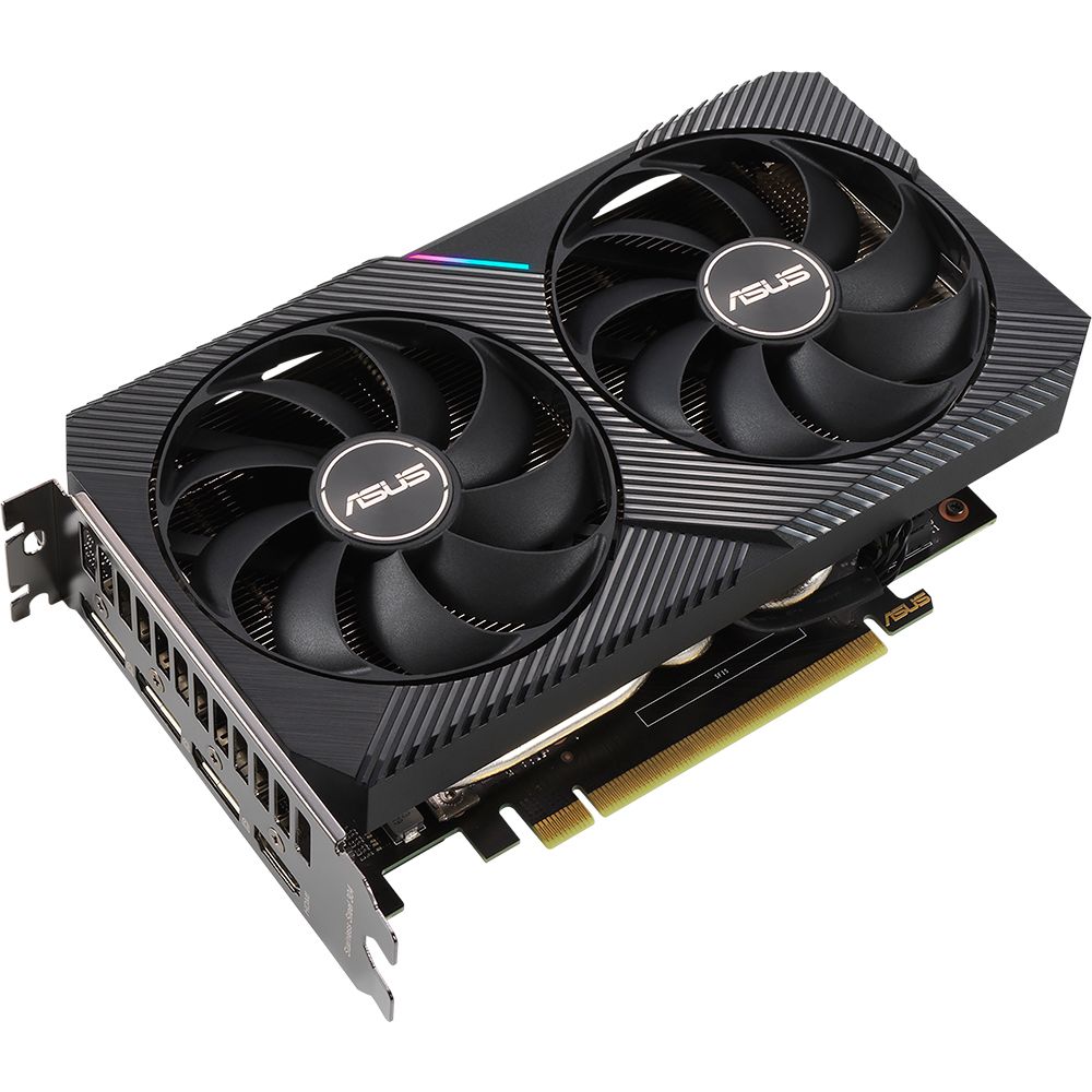 ASUS GeForce RTX 3060 вид спереди — два вентилятора Auto-Extreme, радиатор с рёбрами охлаждения и разъёмы