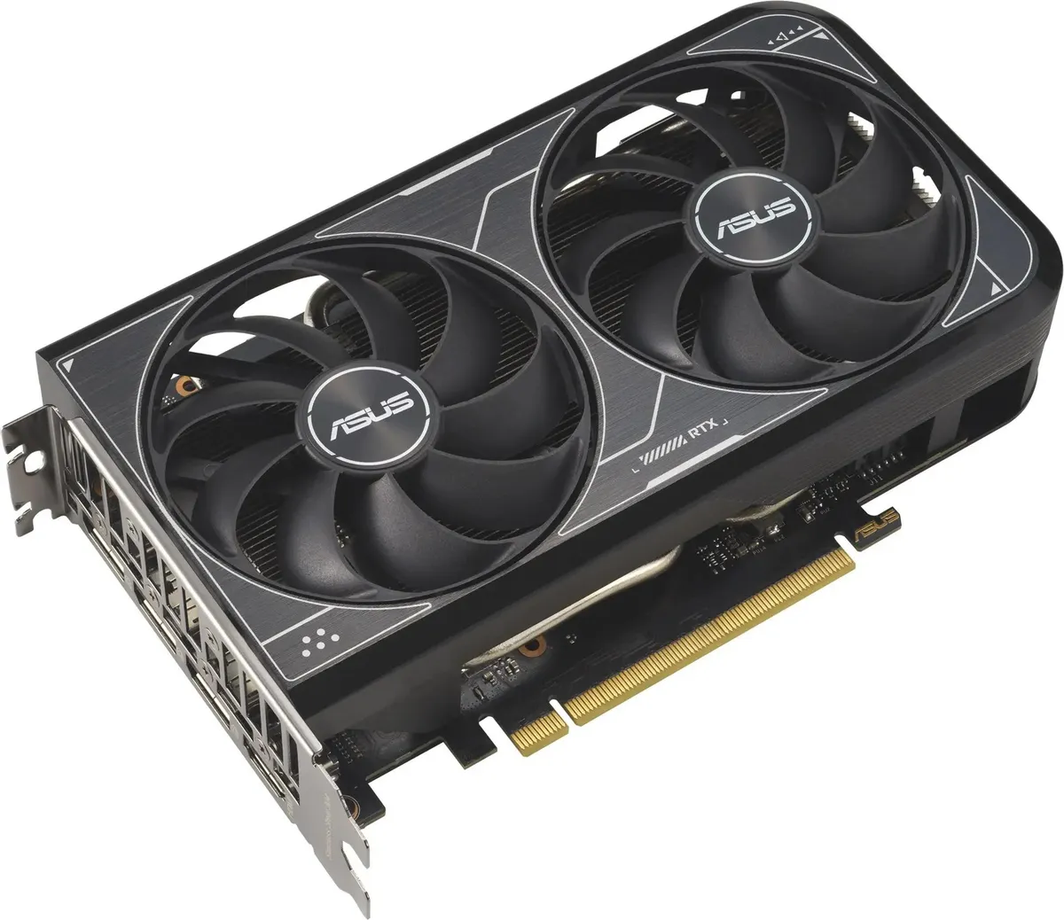 ASUS GeForce RTX 4060 90YV0JC4-M0NA00 — вид в перспективе, два вентилятора и золотой PCIe разъём