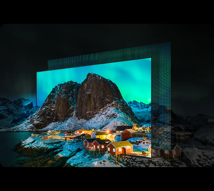 Samsung QE83S90H самосветящиеся QD-OLED пиксели — глубокий чёрный и яркие цвета на горном пейзаже