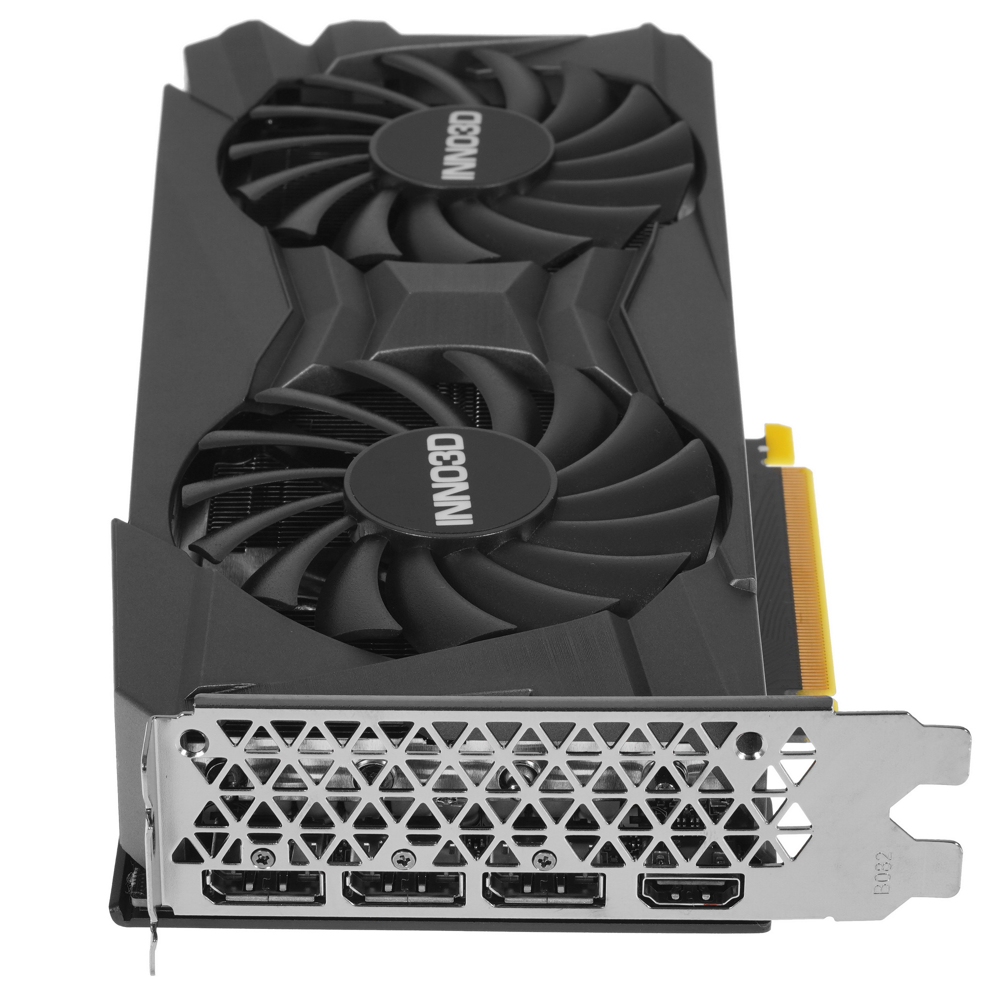 INNO3D GeForce RTX 3060 вид сбоку двухвентиляторное охлаждение порты HDMI DisplayPort