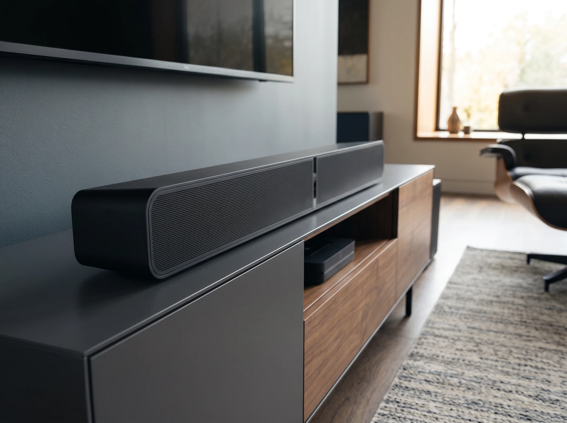 Саундбар Bluesound Pulse Soundbar+ Black - фото в интерьере
