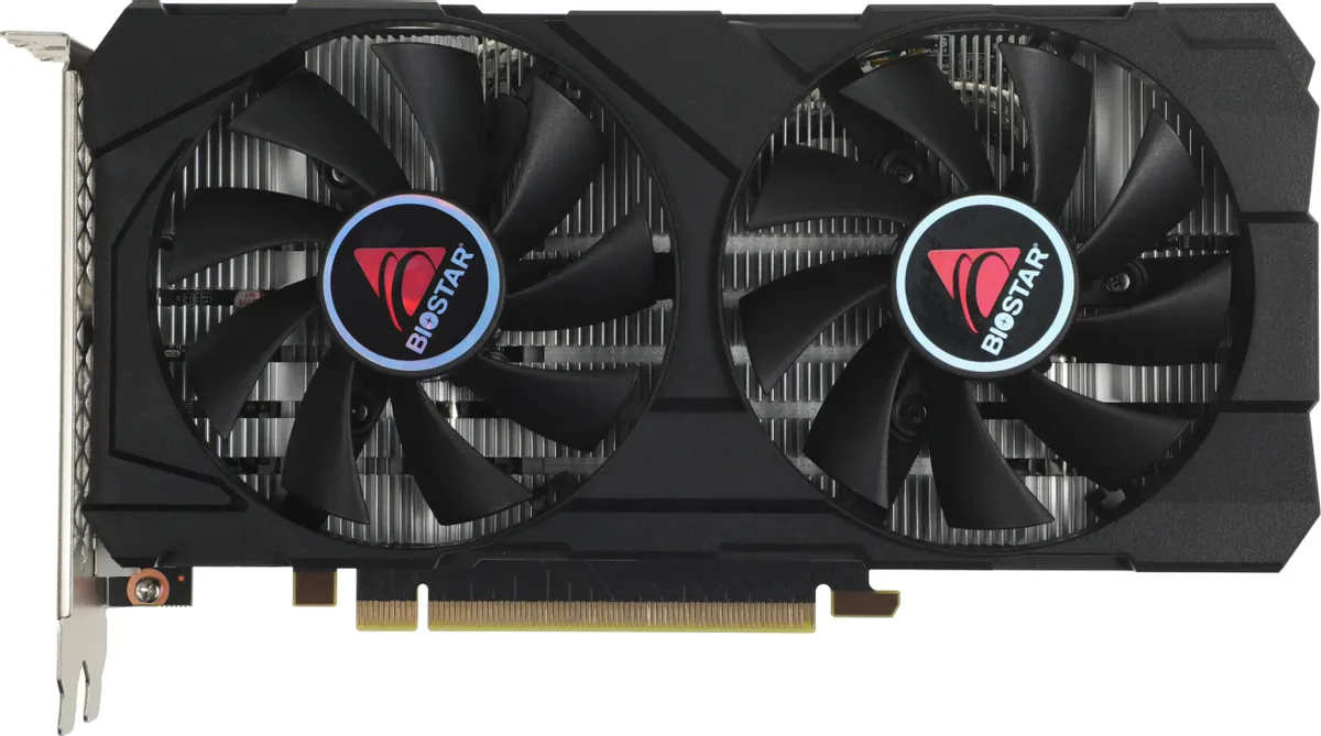 Biostar GTX 1660 Ti вид спереди — двойная система охлаждения и логотип BIOSTAR с подсветкой