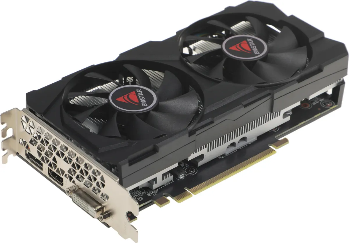 Biostar GTX 1660 Ti боковой вид — порты DVI, HDMI, DisplayPort и PCIe разъём