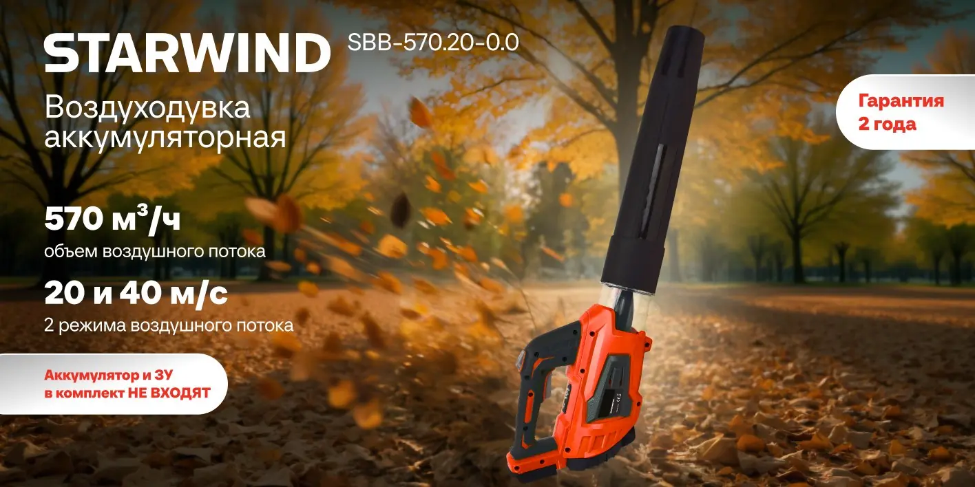 StarWind SBB-570.20-0.0 красная воздуходувка в работе — сдув листьев в осеннем парке