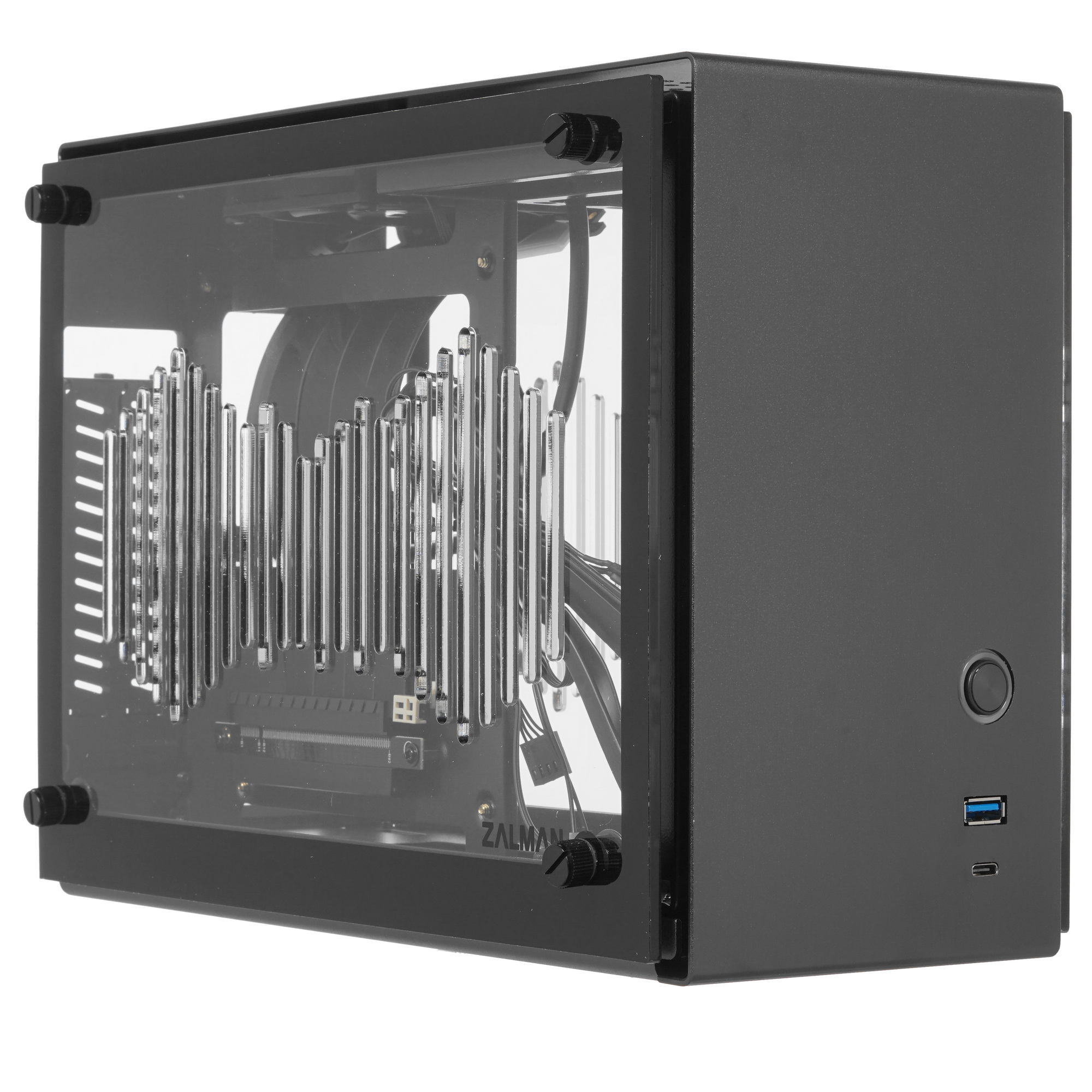 Zalman M2 mini вид спереди и сбоку, акриловые боковые окна, порты USB на передней панели