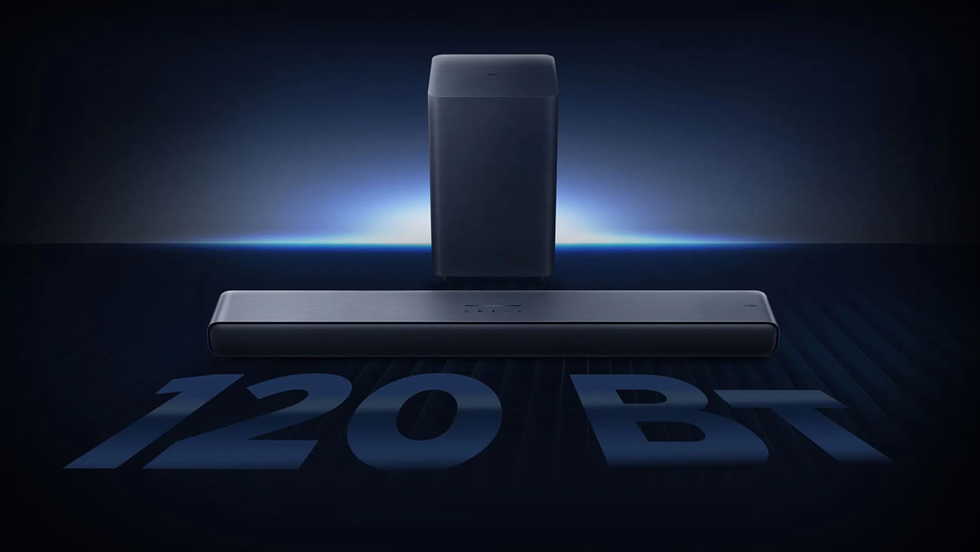 TCL S55H — звуковая панель и сабвуфер со светящимся логотипом, вид спереди