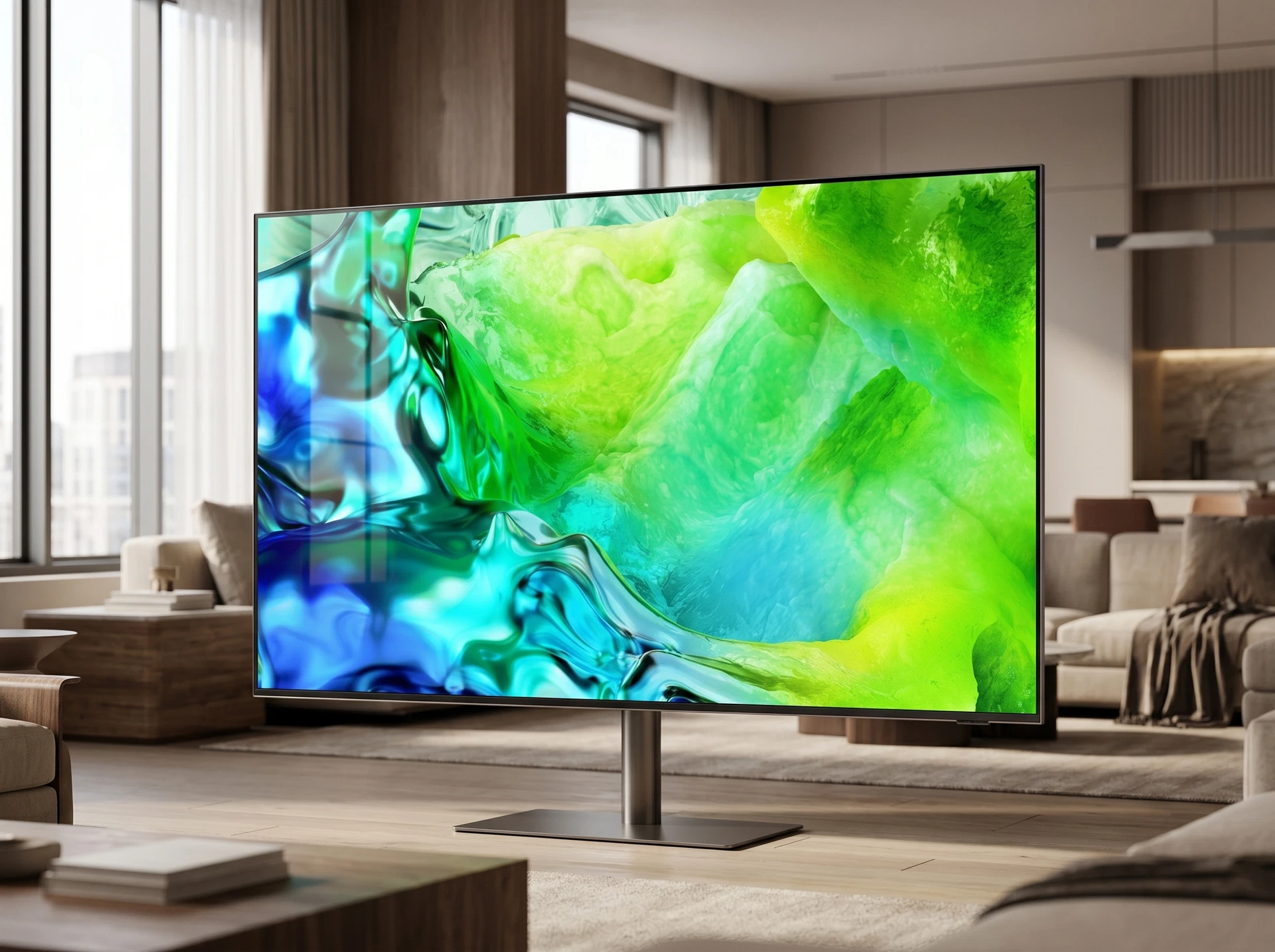 Samsung QE55QN80H в интерьере гостиной &mdash; Neo QLED 55 дюймов на подставке