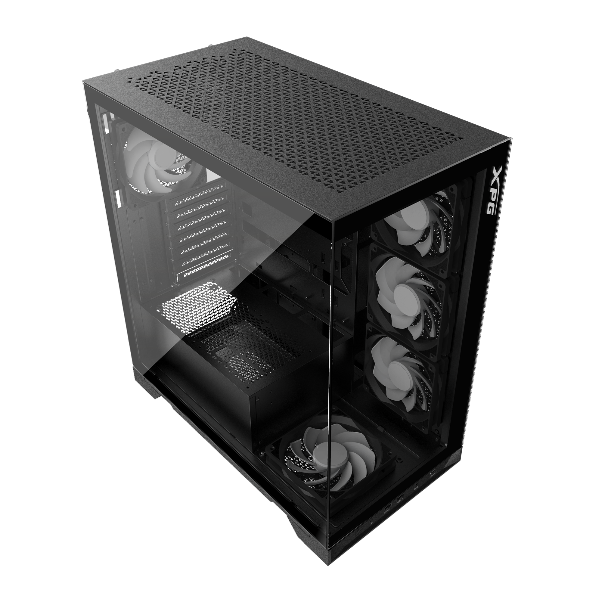 ADATA XPG INVADER X вид сбоку закалённое стекло боковой панели три ARGB вентилятора и внутренняя компоновка