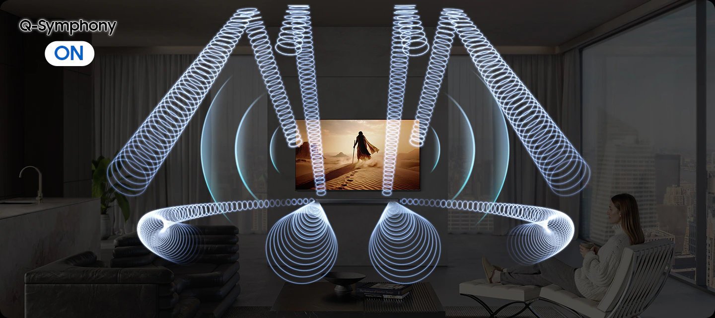 Samsung HW-Q600H с функцией Q-Symphony &mdash; саундбар и телевизор Samsung воспроизводят звук синхронно, расширяя общую сцену