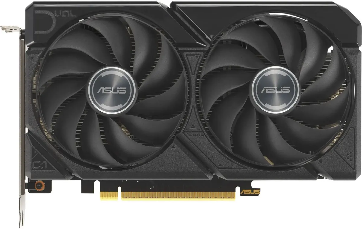 ASUS GeForce RX 9060XT вид спереди — два вентилятора, разъём PCI-Express