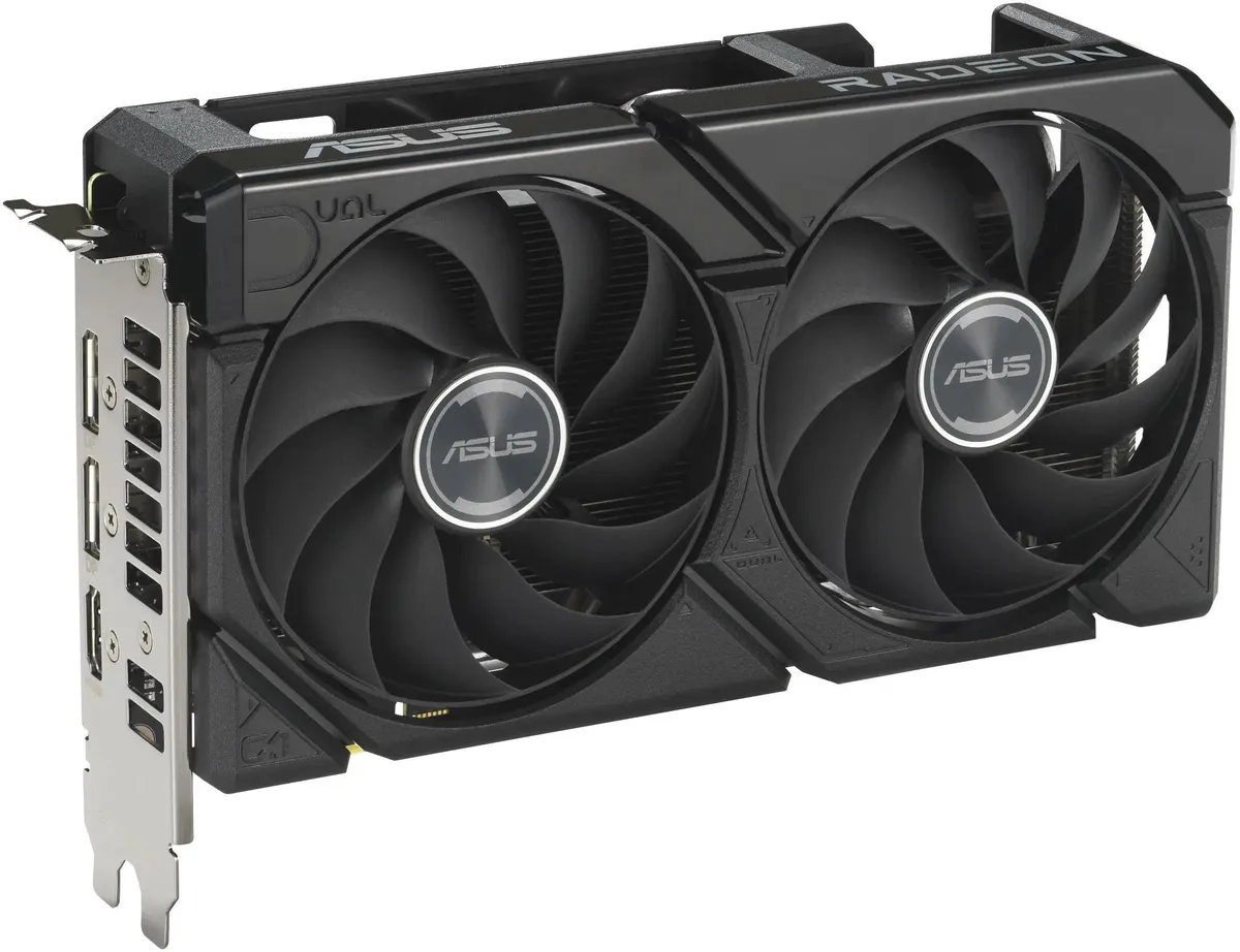 ASUS GeForce RX 9060XT боковой профиль — порты HDMI и DisplayPort, система охлаждения