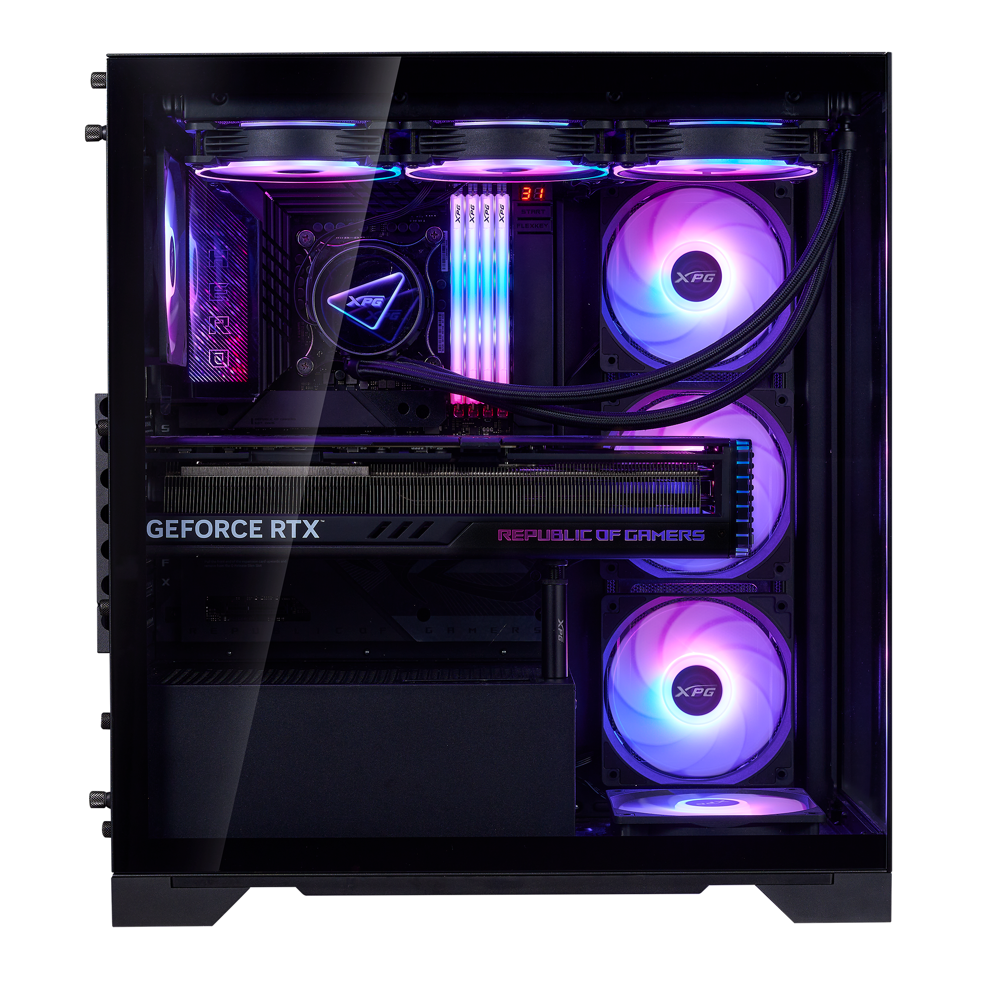 ADATA XPG INVADER X BTF вид спереди СЖО с логотипом XPG ARGB вентиляторы фронтальное стекло порты