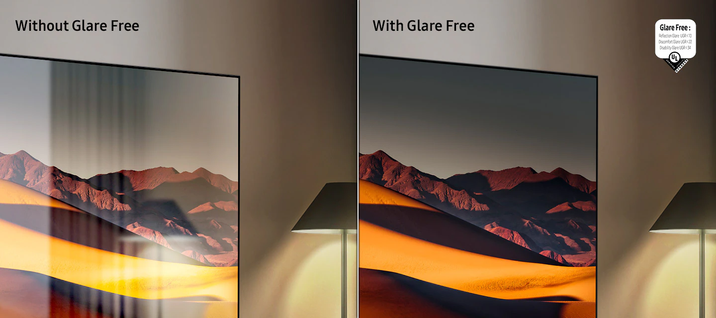 На экране телевизора без технологии Glare Free есть отвлекающие отражения. Рядом с ним на экране телевизора с технологией Glare Free четко виден вид на горы. Логотип UL Verified. Без бликов: Отражение бликов UGR < 10, Дискомфорт бликов < UGR 22, Ограничение бликов < 34. verifyUL.com®. V166045.