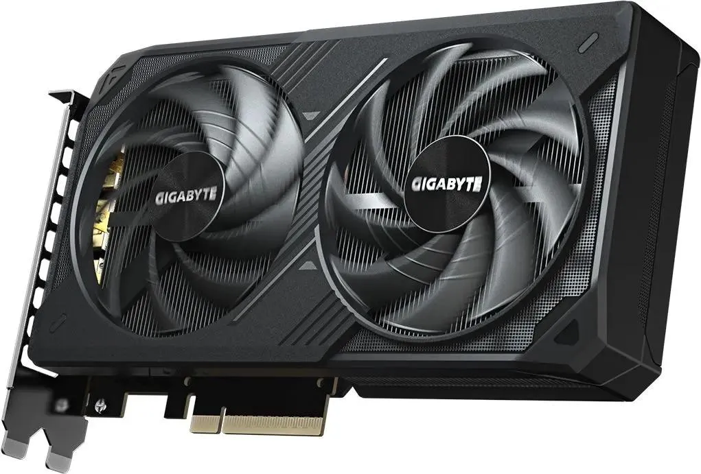 Gigabyte RTX 5060 Ti WINDFORCE GV-N506TWF2-8GD боковой вид с разъёмом питания 8 pin и крепёжной скобой