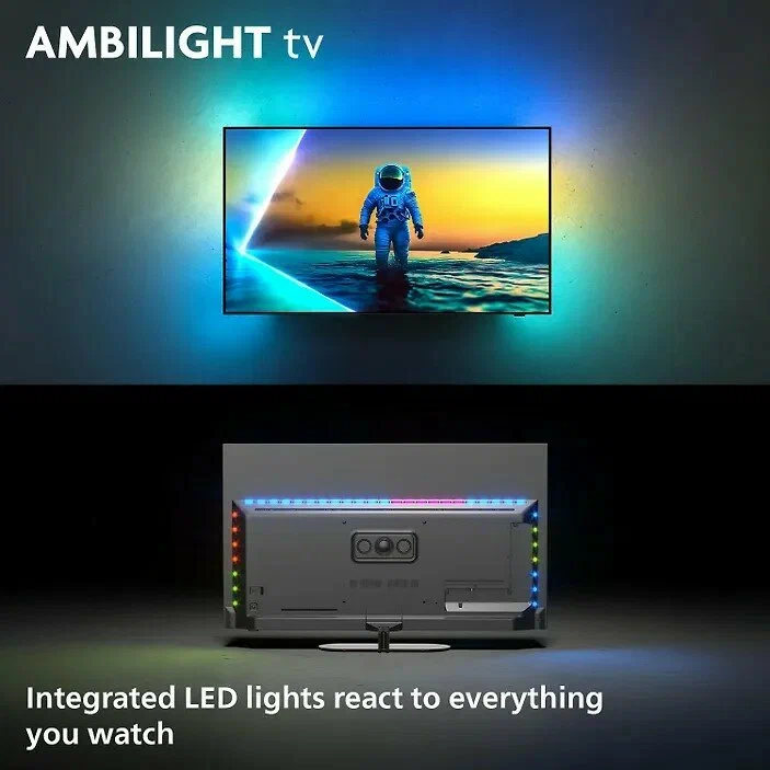 Philips 48OLED820 вид спереди с включённым Ambilight на подставке
