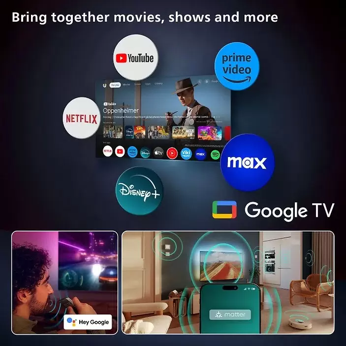 Philips 48OLED820 интерфейс Google TV с каталогом приложений и голосовым управлением Hey Google