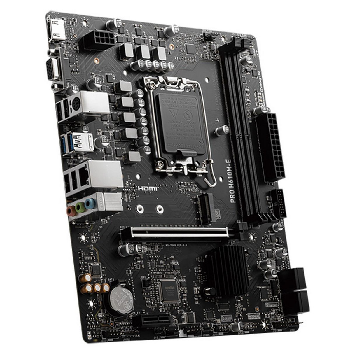 GIGABYTE Pro H610M-E вид в перспективе — сокет LGA 1700, слоты DDR5, разъёмы задней панели