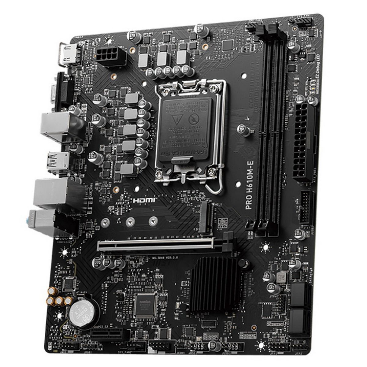GIGABYTE Pro H610M-E вид сверху — слоты DDR5, PCIe 4.0 x16, разъёмы M.2, SATA и задняя панель