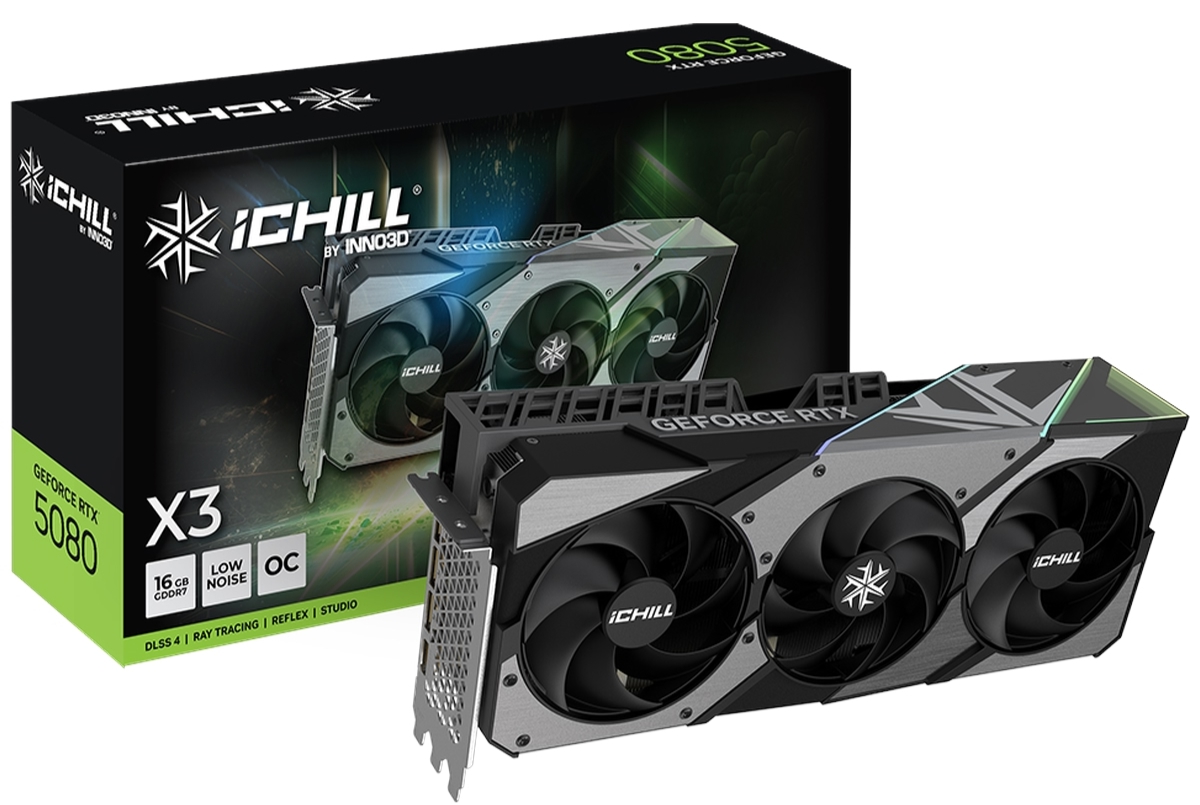 INNO3D GeForce RTX 5080 iCHILL X3 — коробка и видеокарта, три вентилятора, 16GB GDDR7