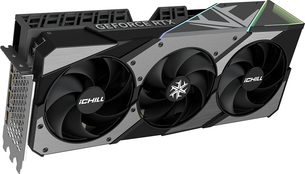 INNO3D RTX 5080 iCHILL X3 — профиль карты, три вентилятора, серебристо-чёрный корпус с металлическими деталями
