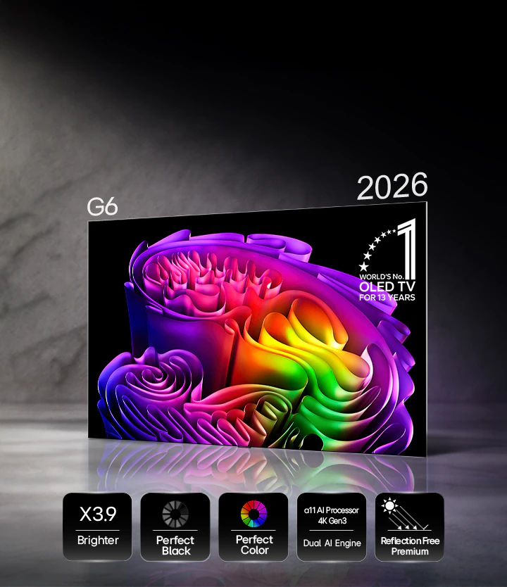 LG OLED55G6 вид спереди — OLED evo панель серии Gallery 2026 с технологиями X39 Brighter и Perfect Black