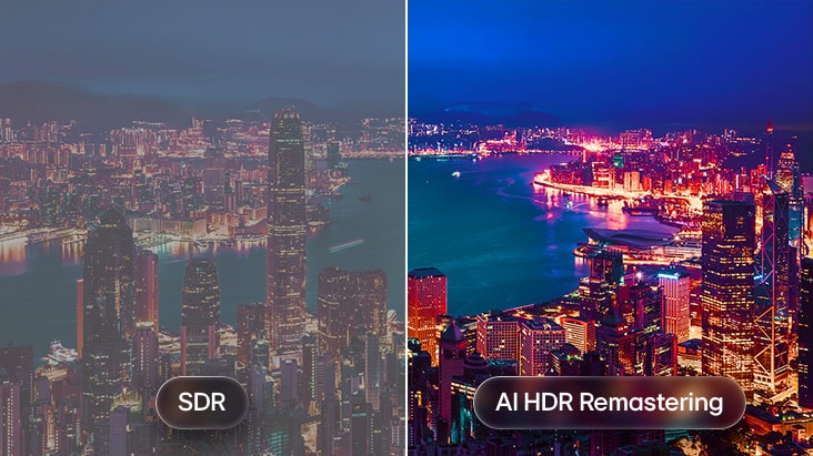 LG OLED55G6 сравнение SDR и AI HDR Remastering на городском пейзаже — контрастность и детализация светлых областей