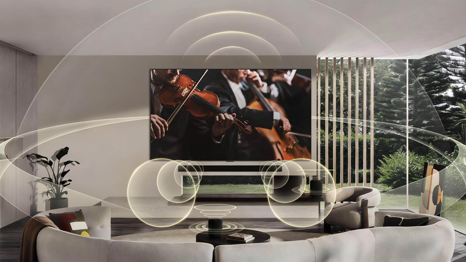 LG OLED55G6 акустическая система 4.2 в интерьере гостиной — визуализация звукового поля при воспроизведении концерта