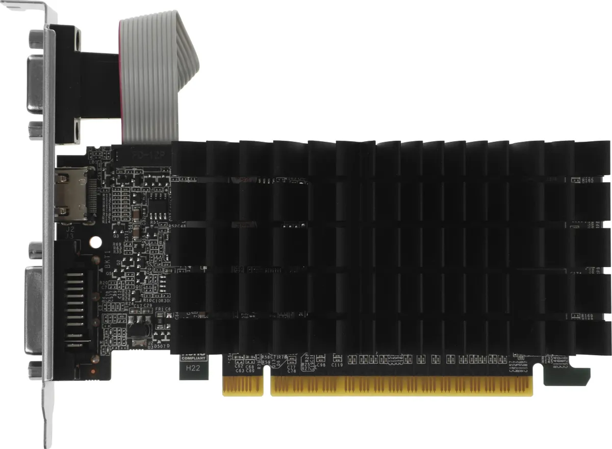 Afox GeForce G 210 AF210-1024D3L5-V2 вид сбоку — пассивный радиатор и разъём PCIe