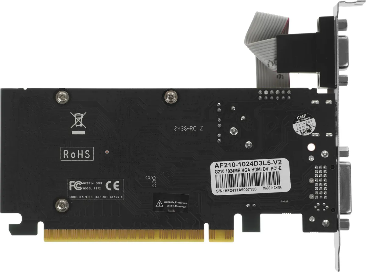 Afox GeForce G 210 AF210-1024D3L5-V2 задняя панель — разъёмы HDMI, DVI-I, VGA