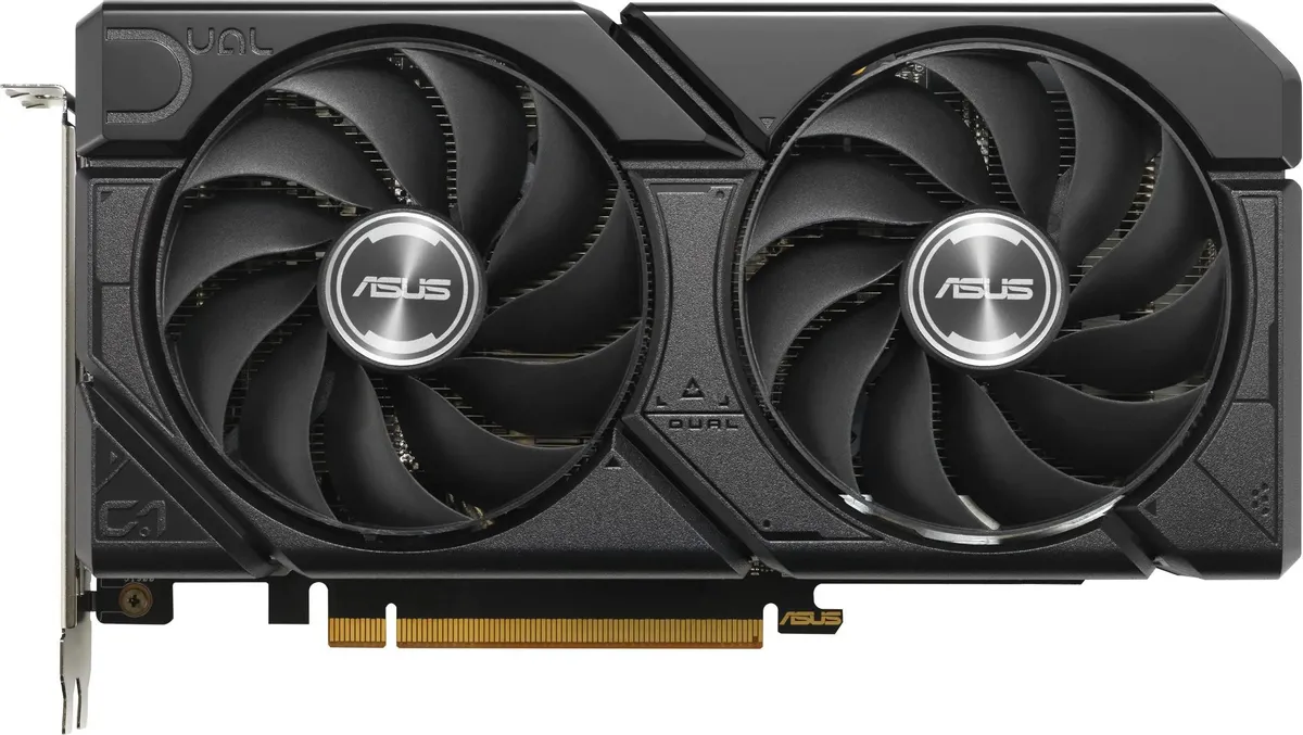 ASUS Radeon RX 7600 вид спереди — два вентилятора, золотистый разъём PCIe, чёрный корпус