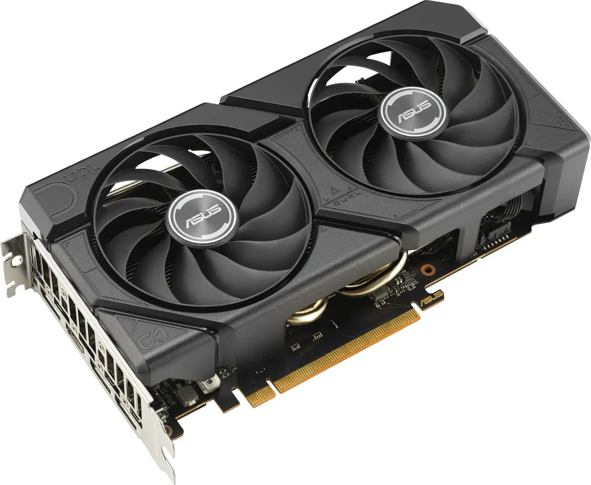 ASUS Radeon RX 7600 под углом — видны порты DisplayPort и HDMI на задней панели, компактный корпус Dual