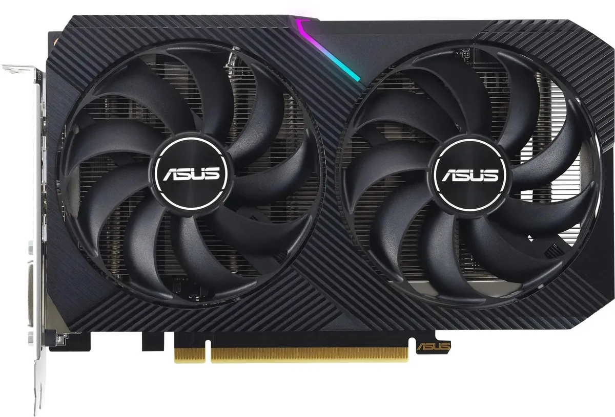 ASUS GeForce RTX 3050 вид спереди — два вентилятора, RGB подсветка, чёрный корпус