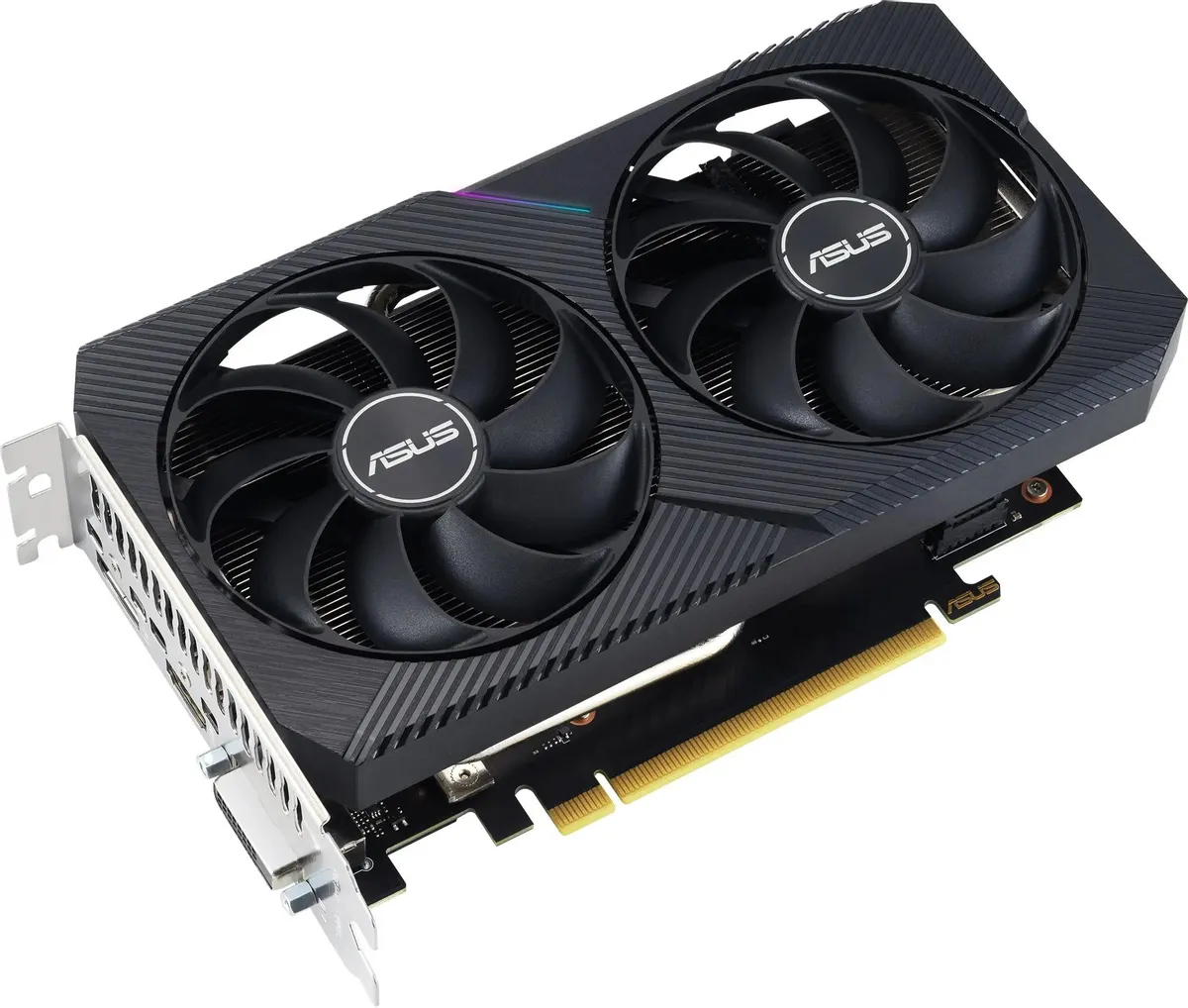 ASUS GeForce RTX 3050 боковой вид — два крупных вентилятора с логотипом ASUS, золотой PCIe разъём, белый кронштейн