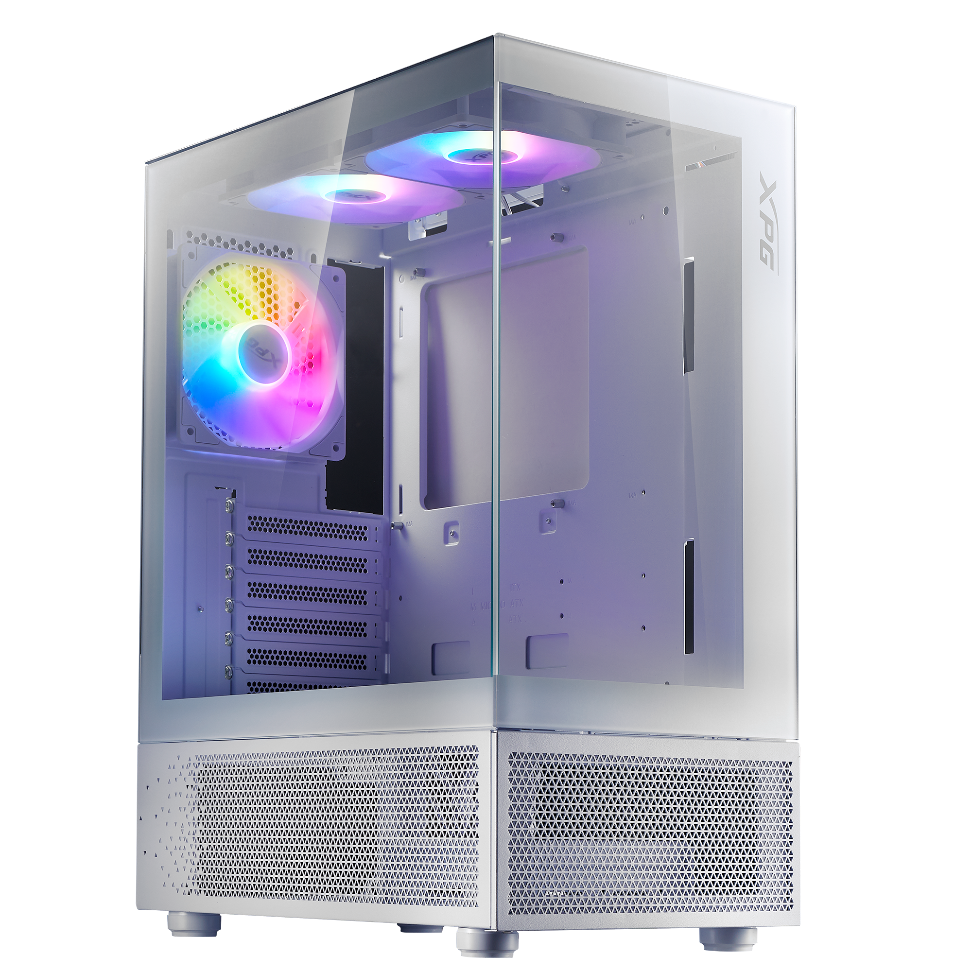 ADATA XPG INVADER X MINI белый корпус с боковой перспективы — закалённое стекло и ARGB вентиляторы