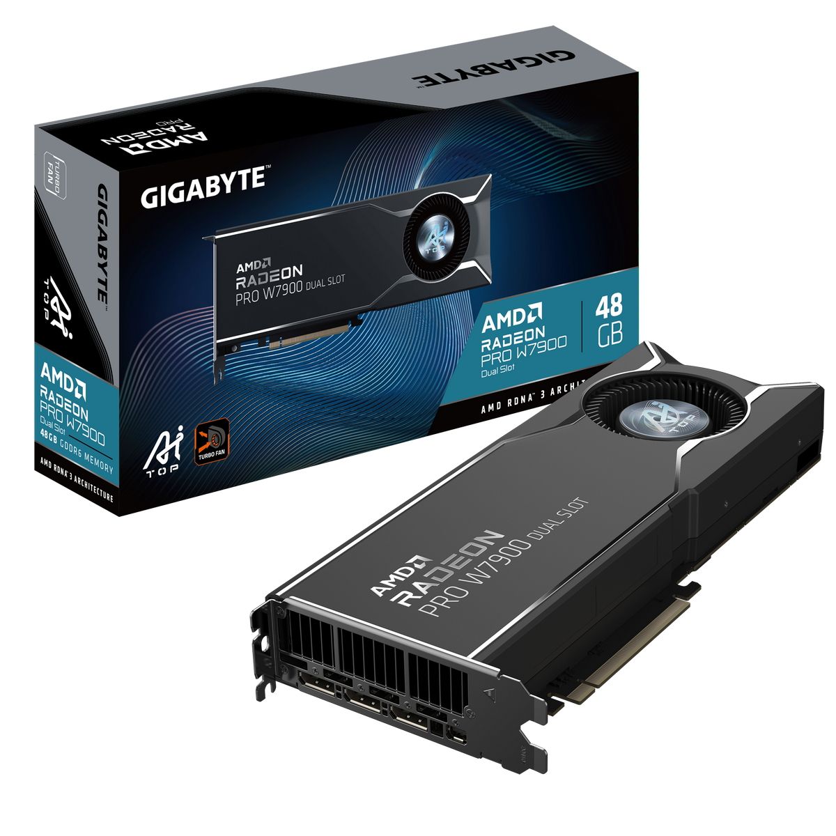 Gigabyte Radeon Pro W7900 AI TOP 48G — упаковка и общий вид видеокарты