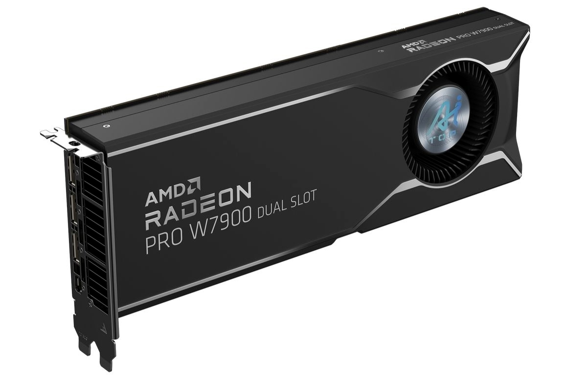 Gigabyte Radeon Pro W7900 AI TOP 48G — вид сбоку, двухслотовый профиль и турбинный вентилятор