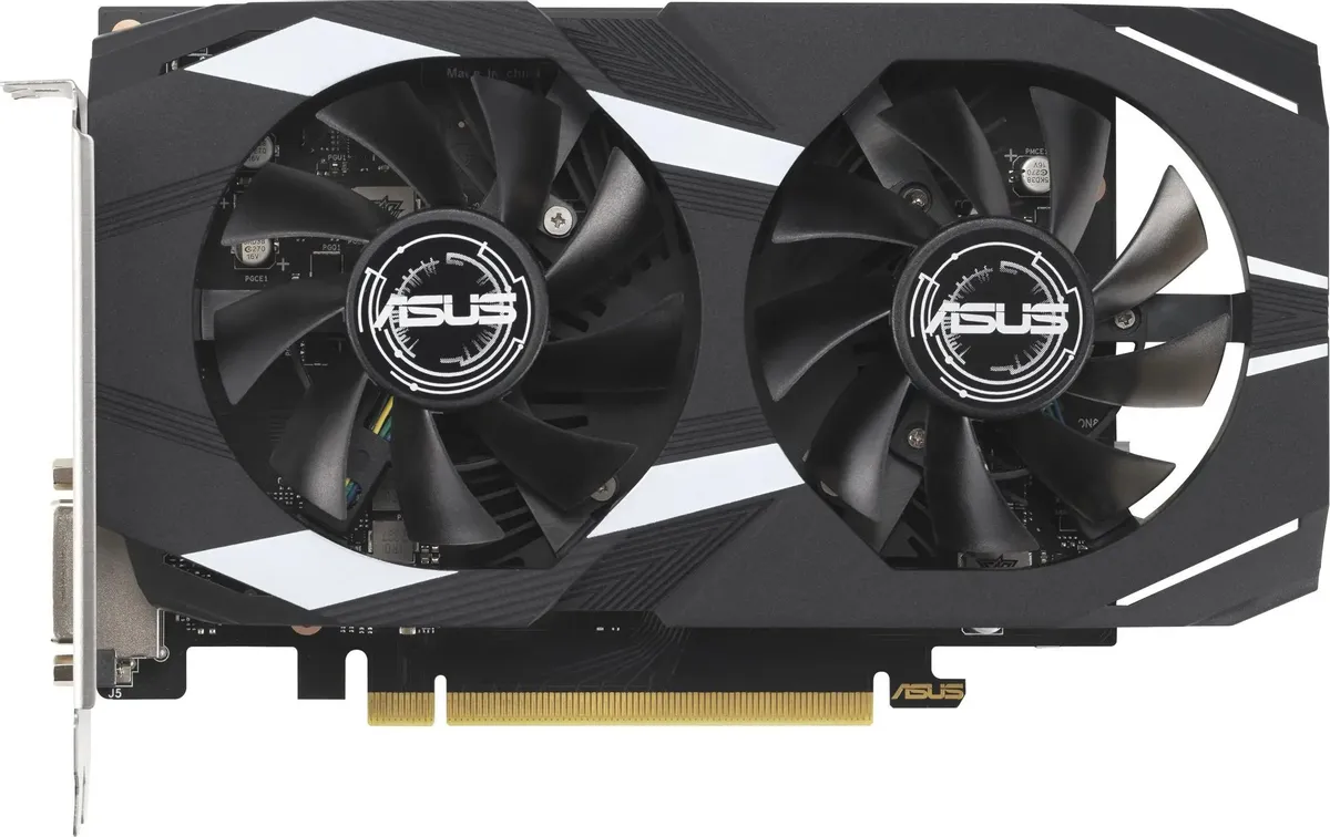 ASUS GeForce RTX 3050 90YV0K60-M0NA00 вид сверху два вентилятора система охлаждения PCIe разъём крепёж