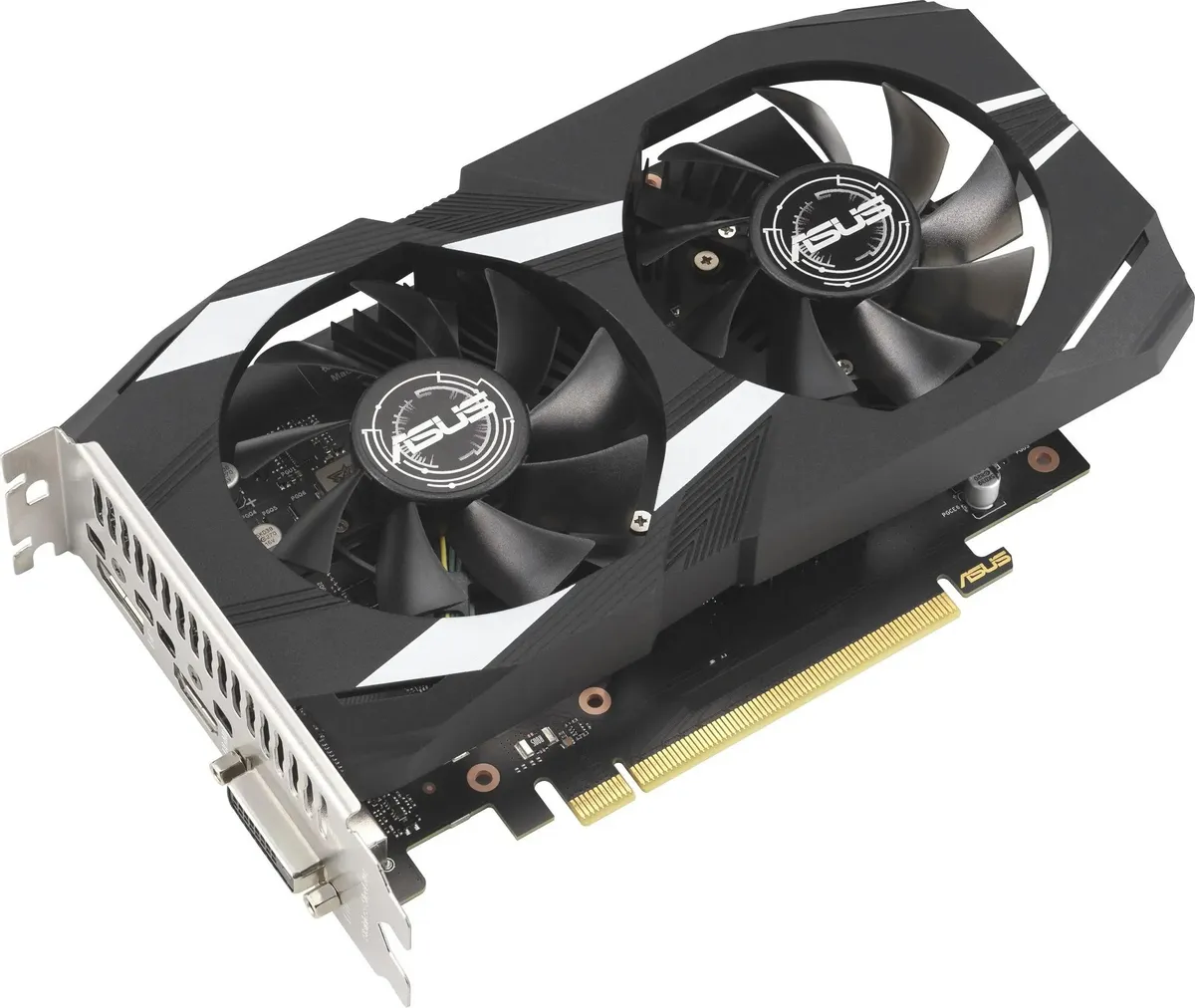 ASUS GeForce RTX 3050 90YV0K60-M0NA00 вид под углом порты DisplayPort HDMI DVI-D золотые контакты PCIe
