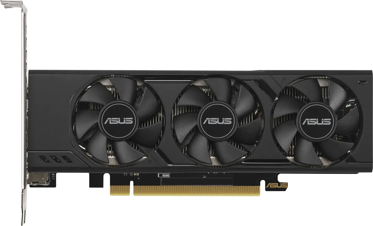 ASUS GeForce RTX 4060 три вентилятора вид спереди золотые контакты PCIe