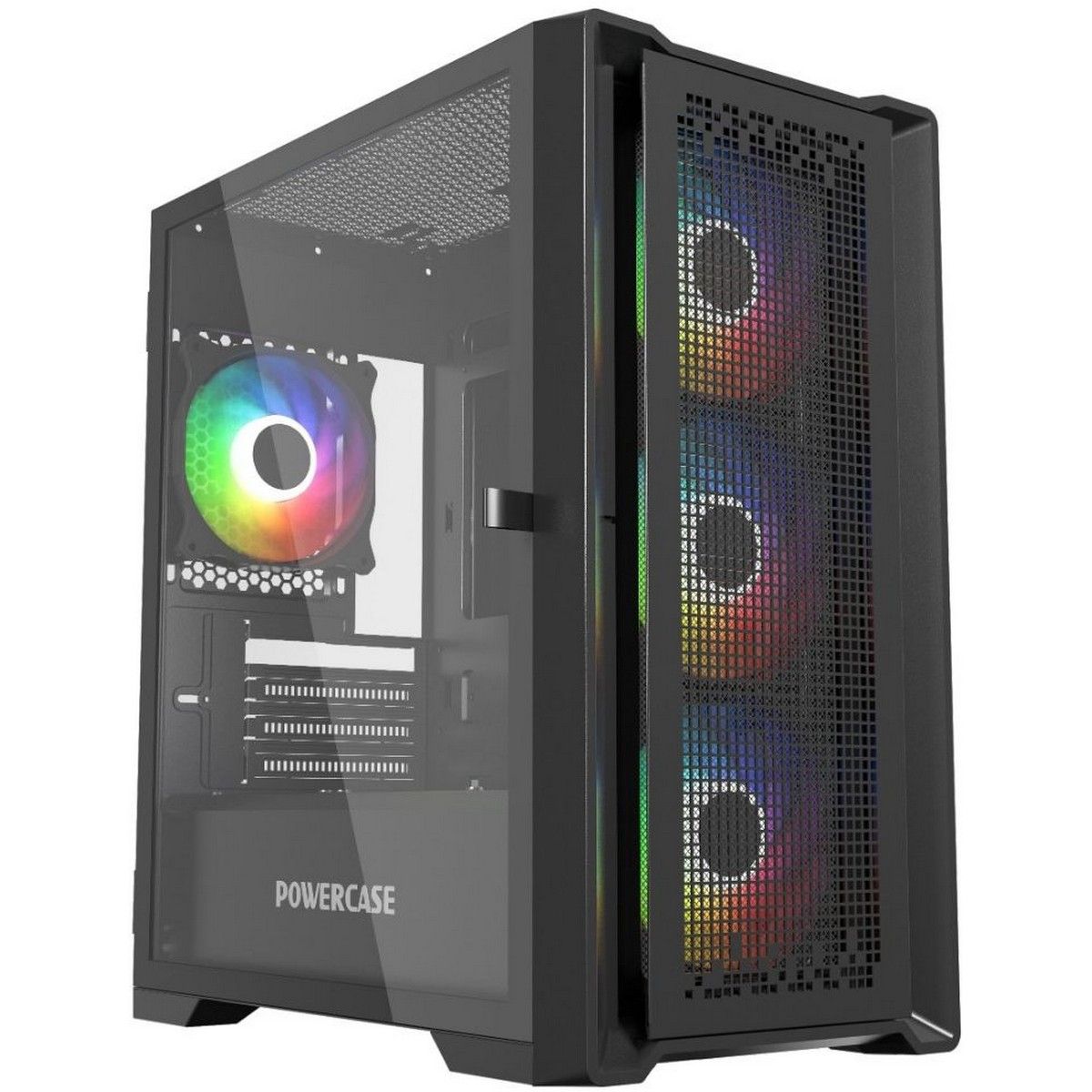 PowerCase ByteFlow Micro CAMBFB-A4 вид спереди — ARGB-вентиляторы и боковое стекло