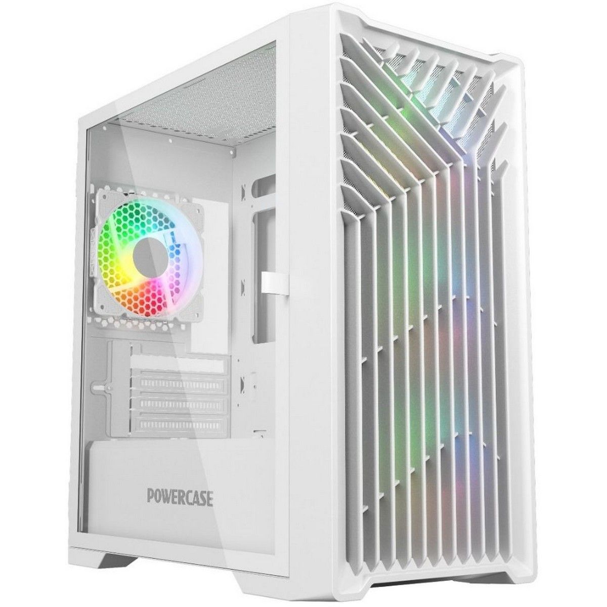 Powercase Mistral Micro X4W вид сбоку, закалённое стекло и RGB вентилятор с подсветкой